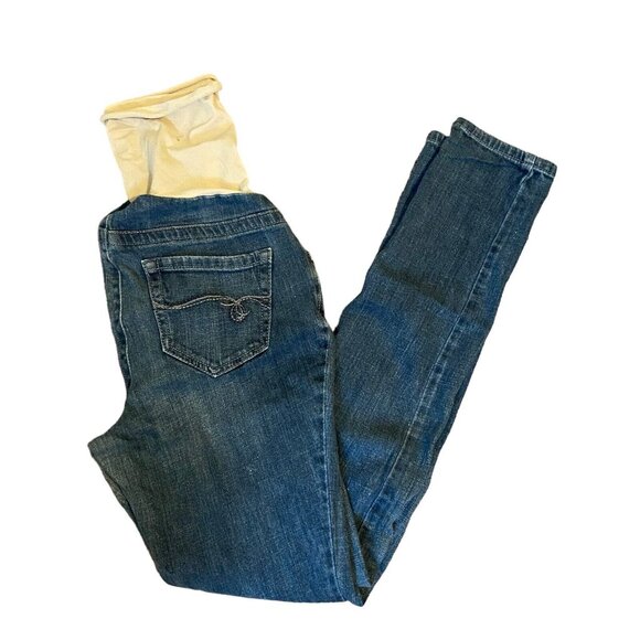 Indigo Blue Maternity Womens Jeans Distressed Blue Small Full Panel Band Beige - Picture 2 of 15